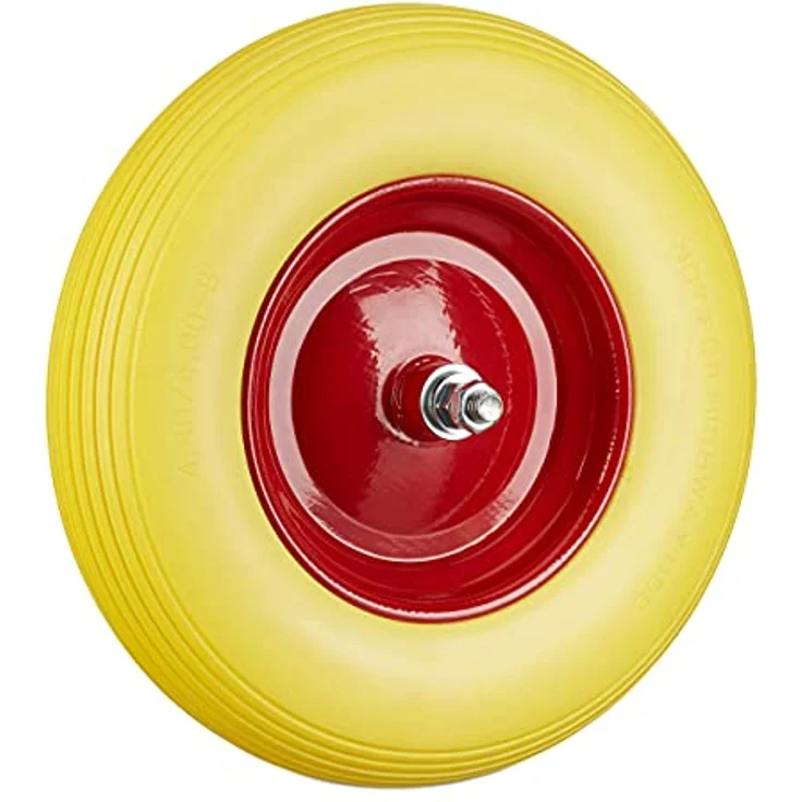 Relaxdays Schubkarrenrad Vollgummi mit Achse, 4.80 4.00-8 Gummirad, pannensicher, 100 kg Tragkraft Ersatzrad, gelb-rot – Bild 2