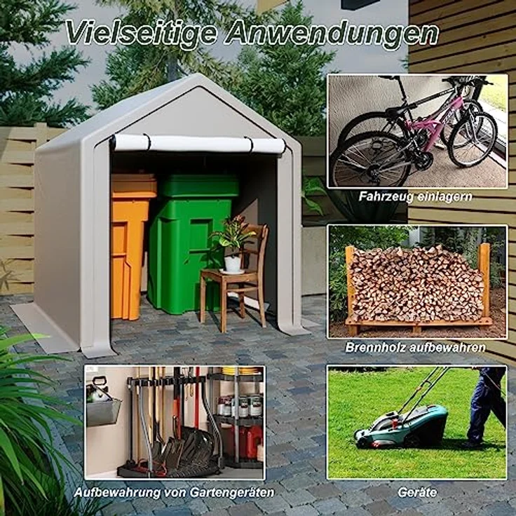 Thanaddo Garagenzelt 6.46m³ Gerätehaus Wasserdichtes Geräteschuppen 190x170x200cm, Fahrradschuppen Aufbewahrungsgarage, Grau – Bild 5