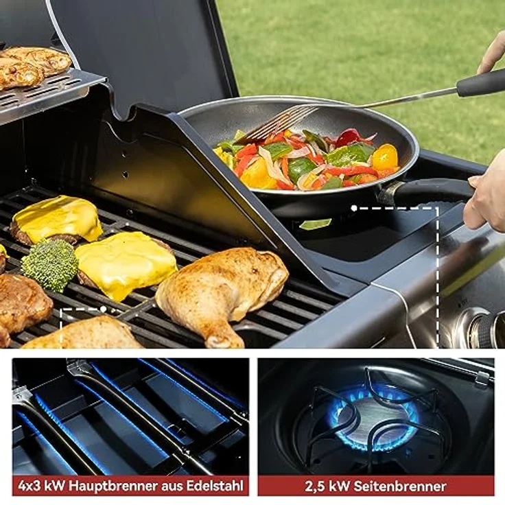 Royal Gourmet 4+1 Brenner Gasgrill Grillwagen mit automatischer Zündung,integriertem Thermometer und Unterschrank Edelstahl Brenner mit 14,5 kW Camping Gasgrill für Outdoor Barbecue Silber - Preisvergleich – Bild 5
