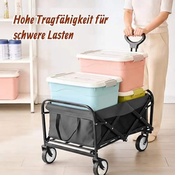Relaxdays Bollerwagen Faltbar, 100 kg Traglast, Teleskopgriff, 95 l Volumen, Oxford-Gewebe, grau – Bild 3