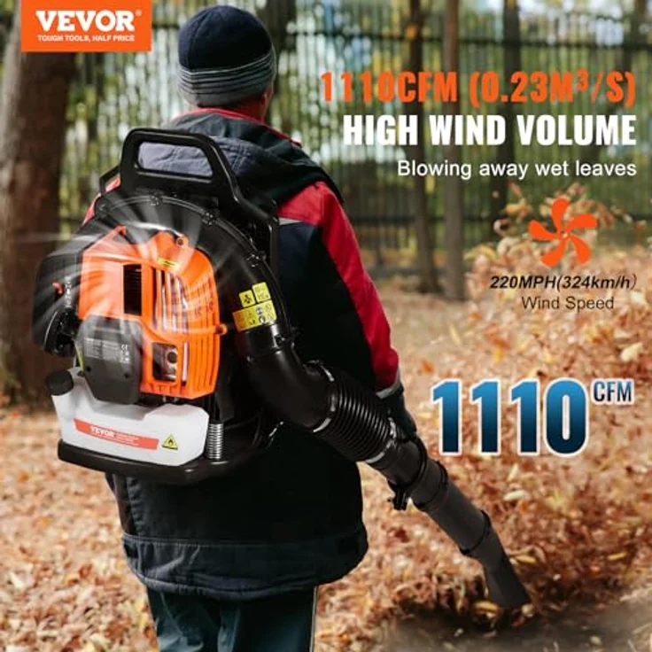 VEVOR Rucksack-Laubbläser, 63 CC 2-Takt Benzin, 1110 CFM Luftvolumen, 220 MPH, 1,89 l Kraftstofftank, ideal für Rasenpflege und Laubreinigung – Bild 2