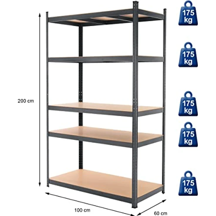 ECD Germany Werkstattregal Schwerlastregal 200x100x60 cm, Anthrazit, belastbar bis 875 kg, mit 5 MDF Holz Böden – Bild 2