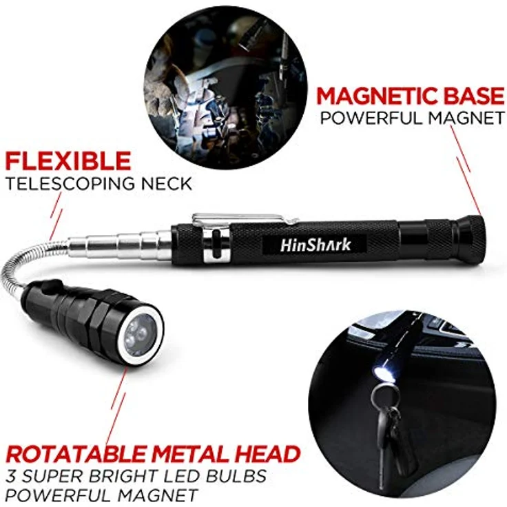 Hinshark Teleskopmagnet Werkzeug mit LED, 360-Grad flexible Taschenlampe für Männer, perfektes Vatertagsgeschenk, wetterfest und stoßfest, ausziehbar von 6,6 auf 22 Zoll – Bild 3