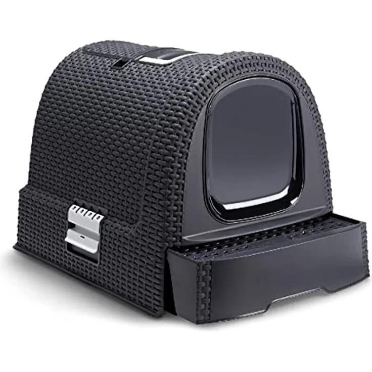 Curver 2068961 petlife Katzentoilette mit Deckel, Katzenklo inklusive Schaufel, moderne Rattangeflecht-Optik, anthrazit, 51,5 x 38,5 x 40 cm