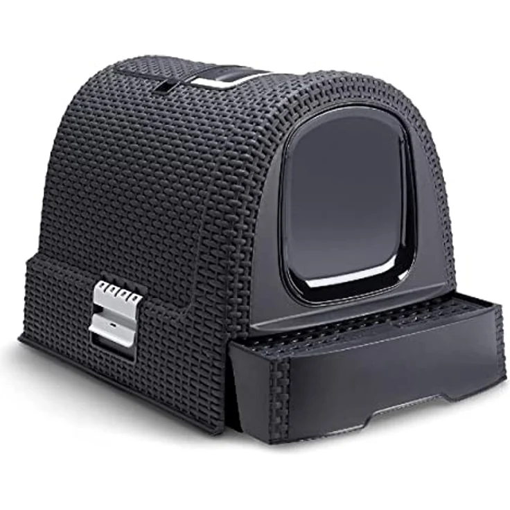 Curver 2068961 petlife Katzentoilette mit Deckel, Katzenklo inklusive Schaufel, moderne Rattangeflecht-Optik, anthrazit, 51,5 x 38,5 x 40 cm – Bild 1
