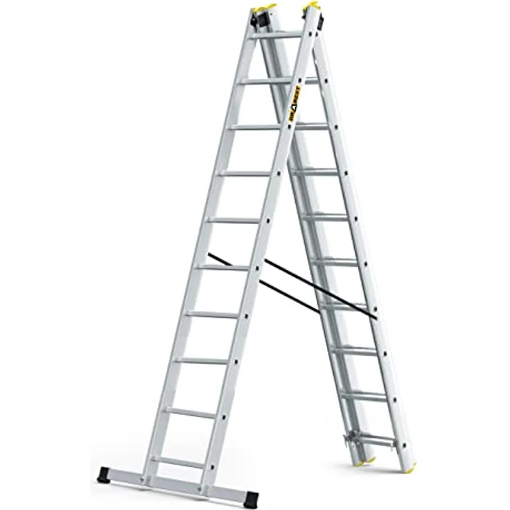 DRABEST Leiter PRO Serie Schiebeleitern 3-teilig Vielzweckleiter 3x10 Stufen Alu Leiter Arbeitshöhe 6 m Belastbarkeit 150 kg inkl. Eimerhaken – Bild 2