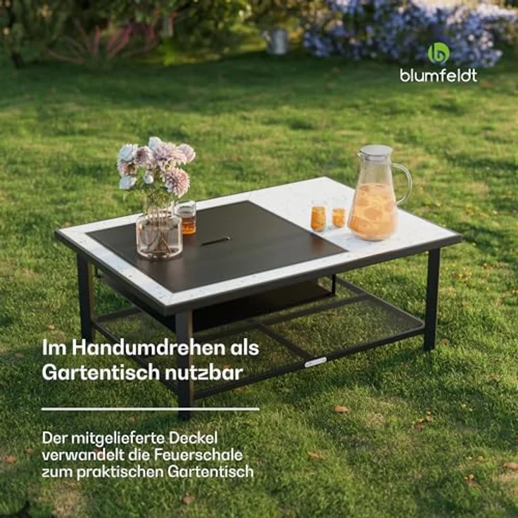 Blumfeldt Merano Avanzato L Feuerschale, 3-in-1 mit Grillrost & Tisch, robuster Stahlrahmen, elegante Terrazzo-Tischplatte, inkl. Funkenschutz, Schürhaken & Deckel, für Garten & Terrasse – Bild 4