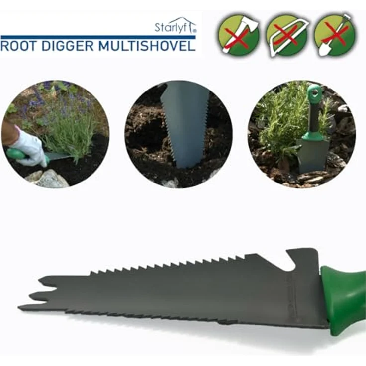 Starlyf Blumenkelle Root Digger, multifunktionale 4 in 1 Gartenschaufel mit Sägeklinge und ergonomischem Griff, grau/grün – Bild 3