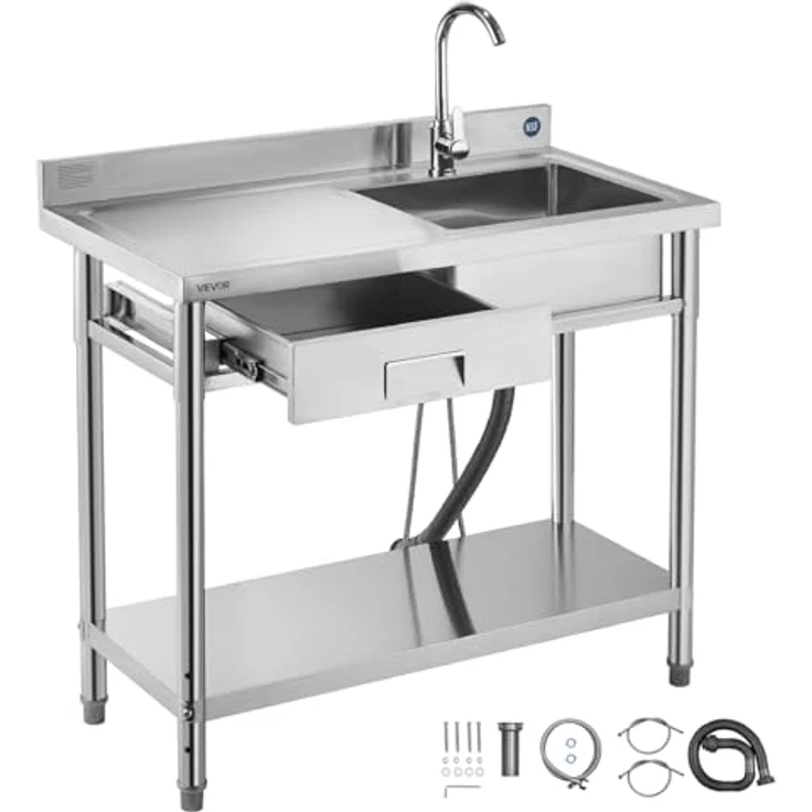 VEVOR Edelstahl Spültisch mit Einzelbecken, Wasserhahn & Schublade, 100 x 50 x 94 cm, für Garage, Restaurant und Wäscherei, Arbeitsplatte links – Bild 1