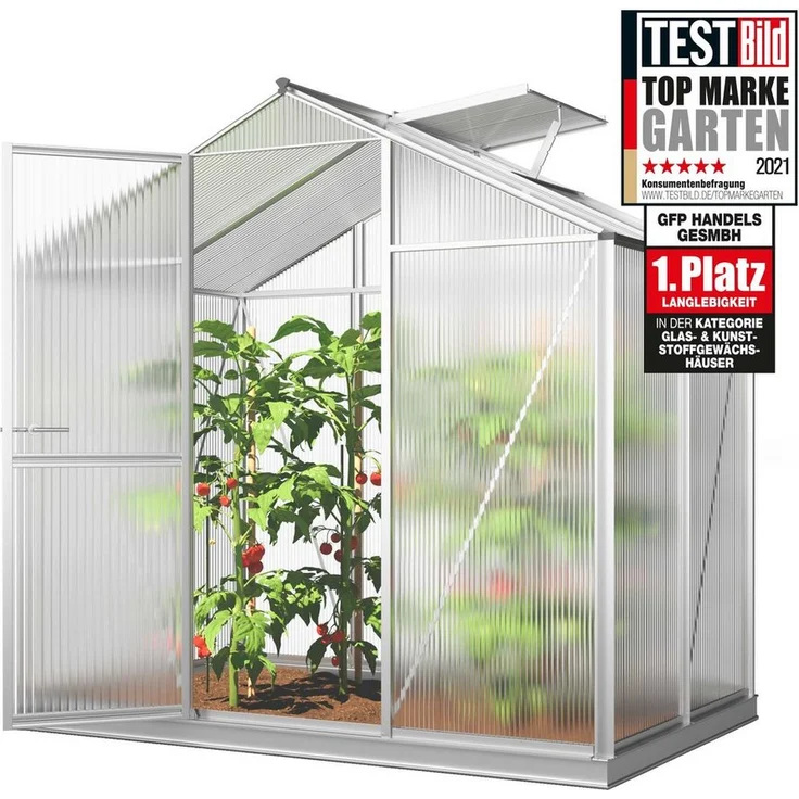 GFP Gewächshaus Eco 2, 6 mm Polycarbonatplatten mit Aluminium-Fundamentrahmen & automatischem Fensteröffner