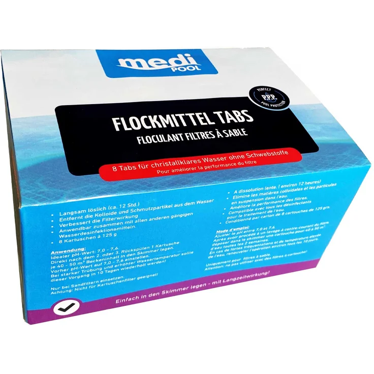 mediPOOL Flockmittel-Tabs 1 kg (8x 125 g), Flockkartuschen für Sandfilter zur Trübungsbeseitigung, kristallklares Wasser ohne Schwebstoffe