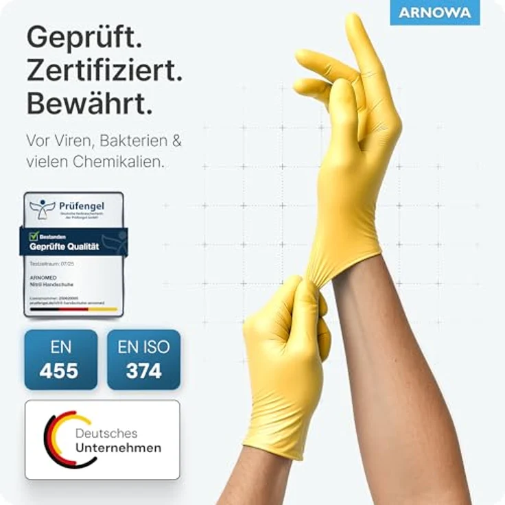 ARNOMED Nitril Einweghandschuhe Gelb, 1000 Stk (10x100), puderfrei, latexfrei, hautfreundlich, für Hygiene & Medizin, Größen XS, S, M, L, XL – Bild 4