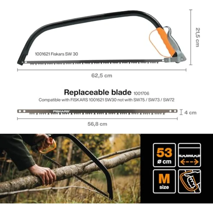 Fiskars Bügelsäge mit feststehendem Blatt für feuchtes Holz, Länge: 53 cm (21 Zoll), Inklusive Sägeblattschutz, Hochwertiger Stahl, Schwarz-Orange, SW30, 1001621 – Bild 2