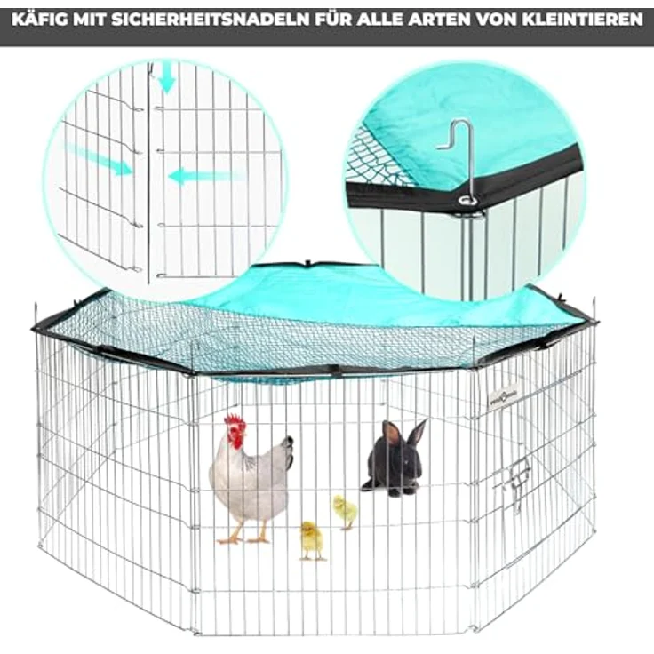 VENDOMNIA Freigehege für Kleintiere mit Tür Netz, Sonnenschutz, Metallgitter verzinkt, Ø 151cm, Umfang 464cm, Element 58x58cm, für Kaninchen Meerschweinchen Hasen Welpen, robust und wetterbeständig – Bild 2