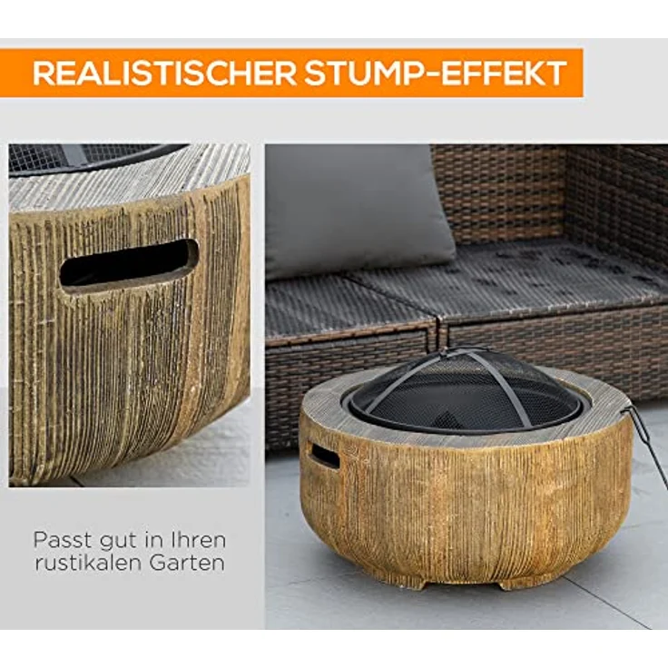 Outsunny Feuerschale, Feuerstelle mit Deckel, Feuerkorb mit Schürhaken, im Baumstumpf-Design, für Garten, Camping, Terrasse, Stahl, MgO, Braun – Bild 4