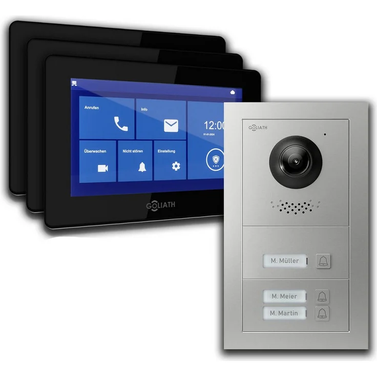 Goliath Intercom Video-Türsprechanlage Goliath Basic-Line, 3-Familienhaus, 7-Zoll Monitor, HD Kamera, WLAN-fähig, schwarz-anthrazit
