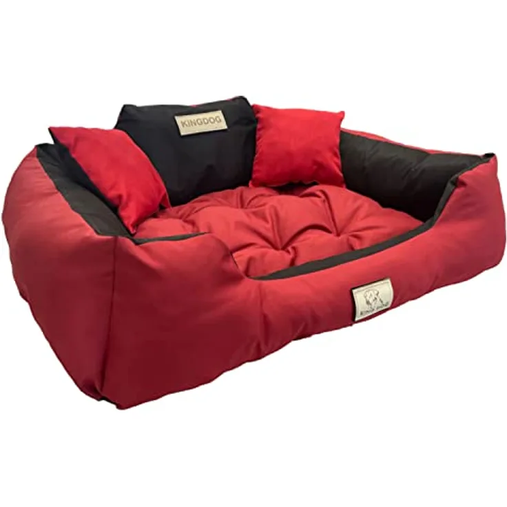 KingDog Hunde- und Katzenbett mit Zwei Kissen Hundekissen Hundekorb Haustierbett Waschbar Wasserdichtes PVC-Material (M 75x65cm, Rot)