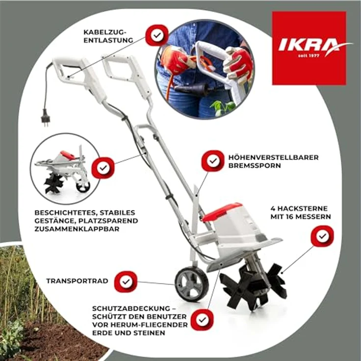 ikra GmbH Elektromotorhacke IET 1030, 30 cm Arbeitsbreite, 1.080-Watt-Motor, höhenverstellbarer Hacksporn, Sicherheitsschalter, Transportrad – Bild 6