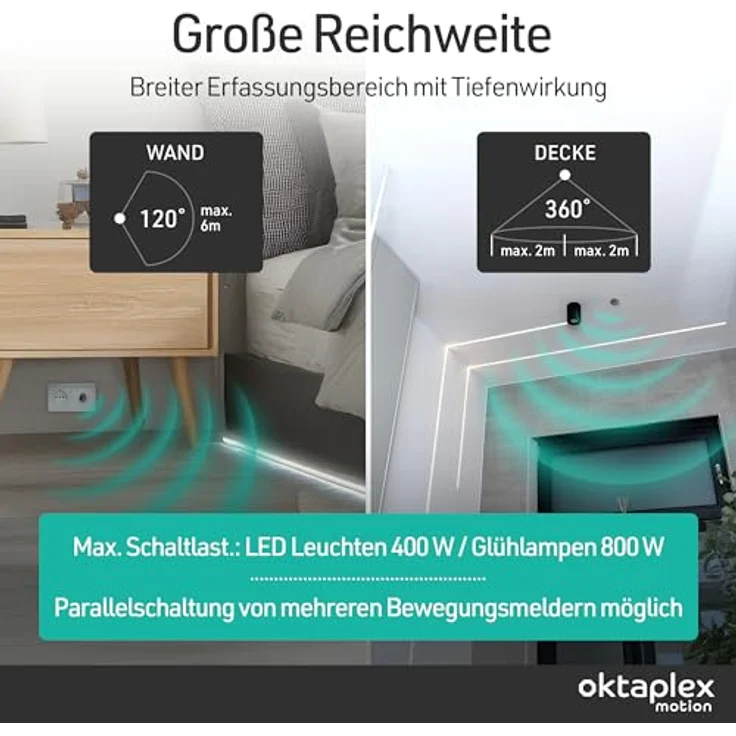 Oktaplex Jana, Einbau Bewegungsmelder für Außen mit 360 Grad Infrarotsensor, 4m Reichweite, IP65, 230V, schwarz – Bild 3