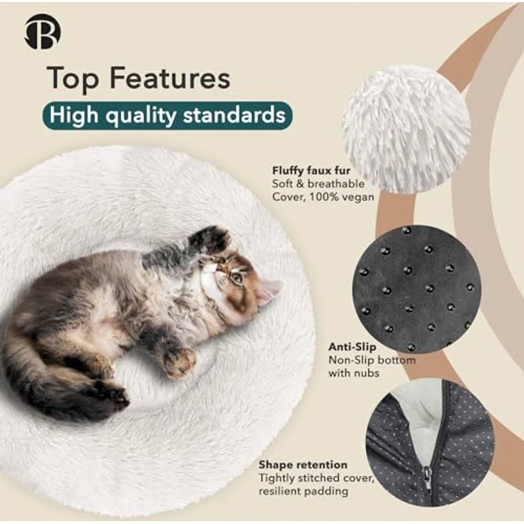 bluzelle Hundebett für kleine Hunde & Katzen, 50cm Hundekissen Rund Donut Kissen Hundekorb Plüsch, Katzenbett Flauschig Katzenkissen Waschbar rutschfest Weich, Cream – Bild 2