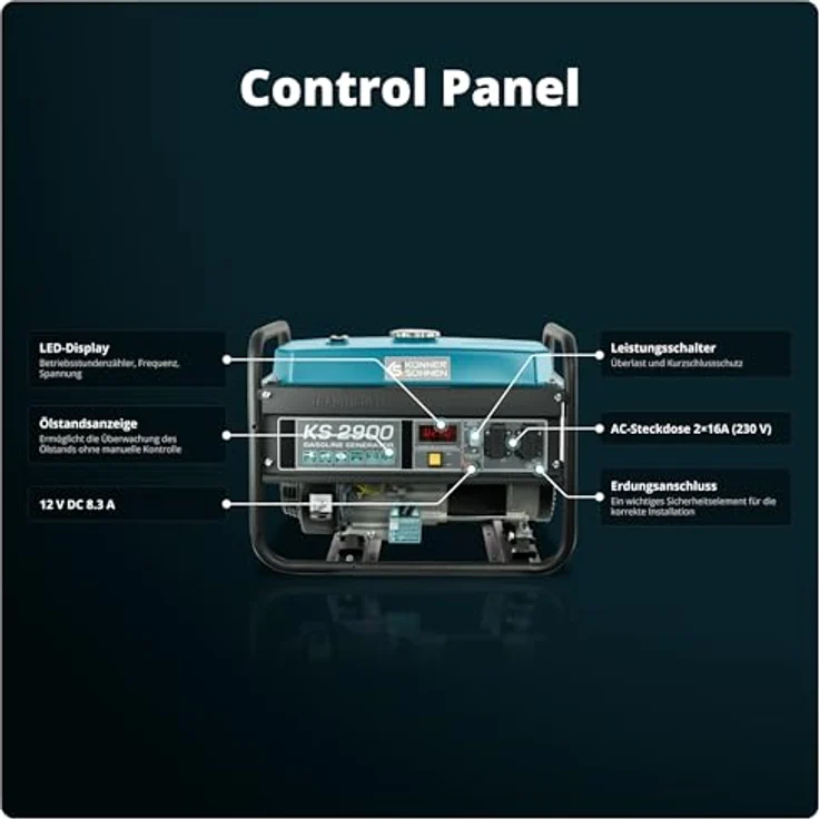 Könner & Söhnen Benzin Stromerzeuger KS 2900, 2900W, 4-Takt Generator mit AVR, 2x 230V, LED-Anzeige und Überlastschutz – Bild 3
