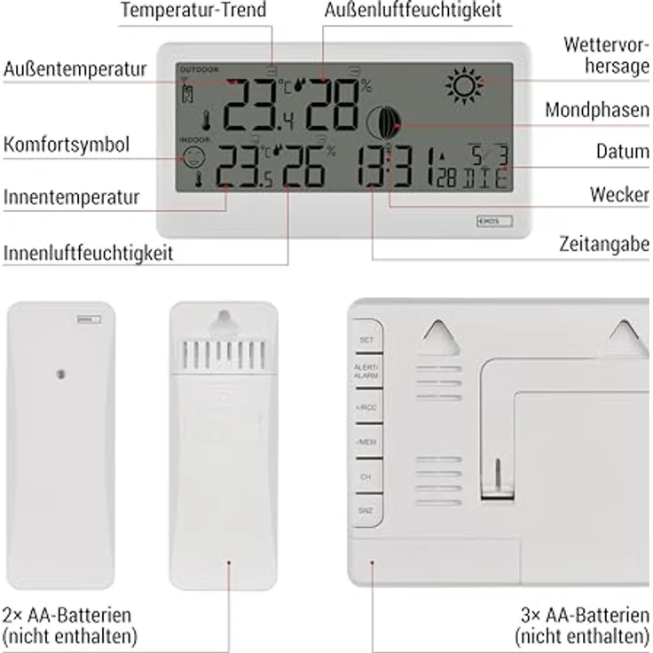EMOS Funk-Wetterstation E0531, Wettervorhersage mit Außensensor, Innen-/Außentemperatur, Luftfeuchtigkeit, DCF-Uhr und Wecker - batteriebetrieben, weiß – Bild 4