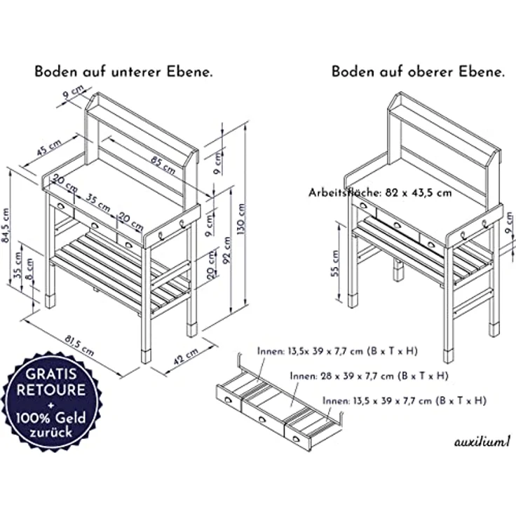 WONDERMAKE Pflanztisch aus Kirschbaum Holz groß mit Schubladen wetterfest Garten-Arbeitstisch, XL für Outdoor Balkon, dunkel-braun/schwarz – Bild 8