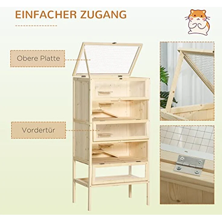 PawHut Kleintierkäfig 5 Etagen mit Gitterdach Rampen Kleintierstall Käfig Nagerkäfig Meerschweinchenstall Tannenholz Naturholz 60 x 40 x 120 cm, Aktivitätszentrum, Sicher, Viel Licht, Einfache Reinigung – Bild 5