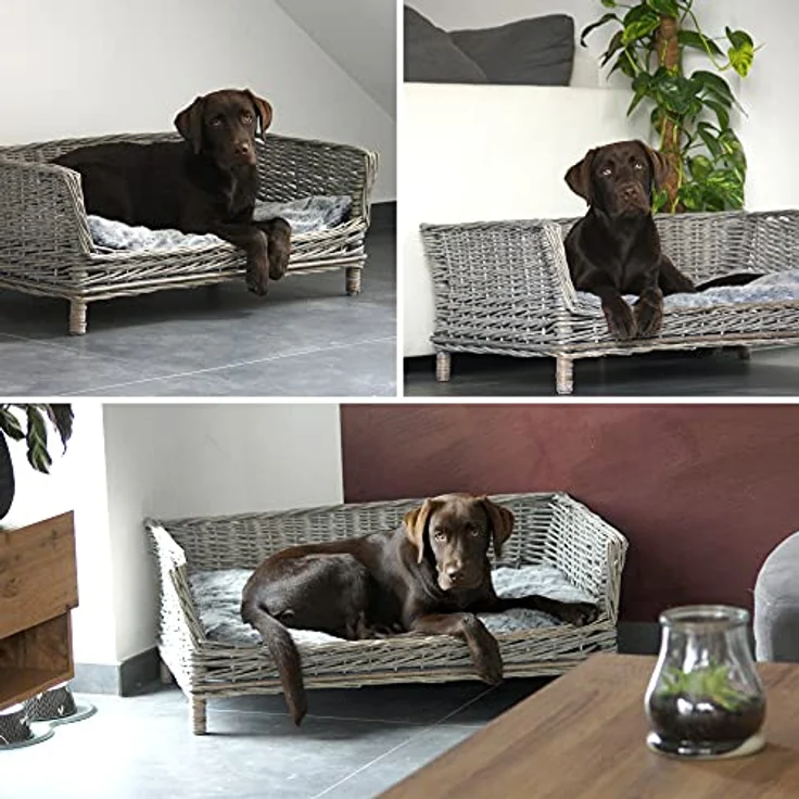 UNUS RM E-Commerce Hundebett Hundekorb Hundekörbchen aus Weide eckig mit Kissen grau für große und kleine Hunde 80cm Breite – Bild 2