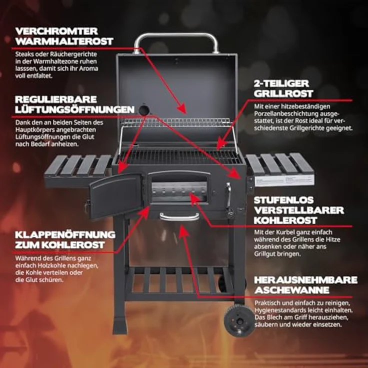 TAINO HERO XL, Holzkohlegrill Set mit Abdeckhaube, Grillplatte und Smoker-Funktion, 113,5 x 124 x 66 cm, höhenverstellbare Holzkohle-Wanne, integriertes Thermometer, klappbare Seitentische – Bild 4