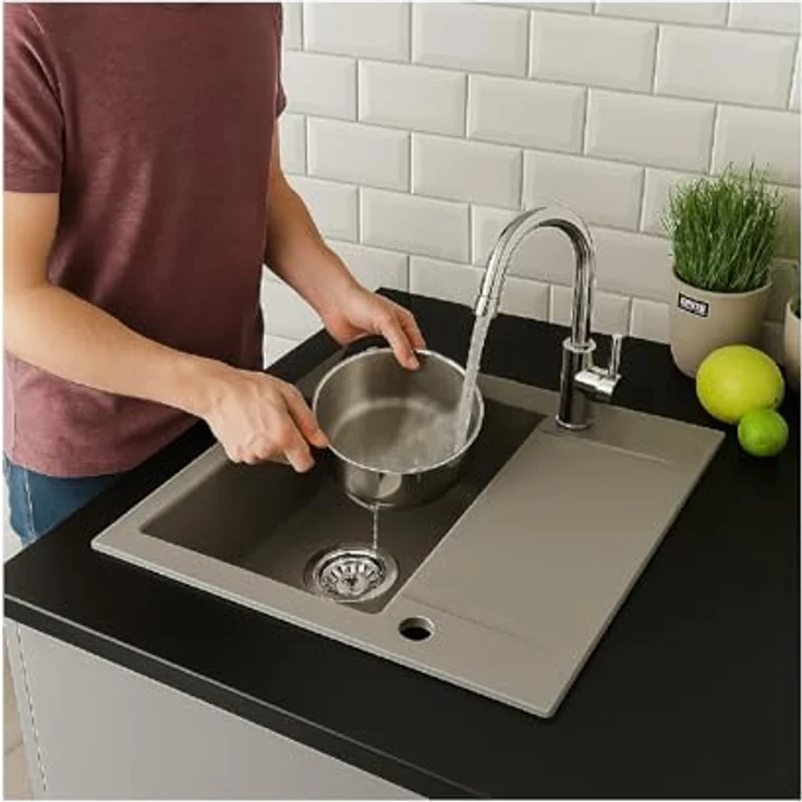QLS Granit-Küchenspüle LUNA 1-Becken 59x44 cm, reversibel mit Abtropffläche und automatischem Siphon für 40 cm Unterschrank, grau, matt, kompakt – Bild 2