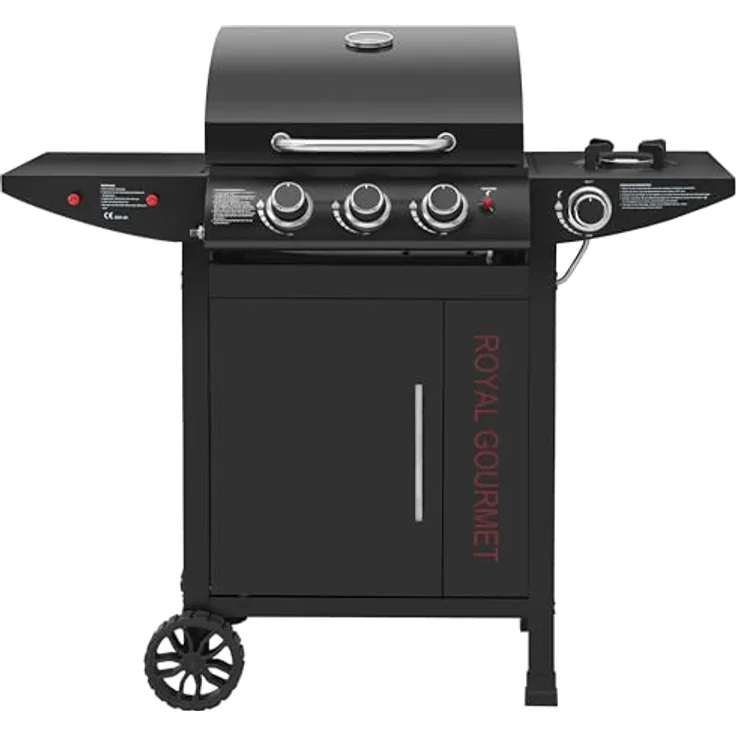 Royal Gourmet Gasgrill 3+1 Brenner Grillwagen mit 11,5 kW, Campinggrill mit Seitenbrenner, Outdoor Gas Grill inkl. Haken, Unterschrank für Balkon, Party Schwarz