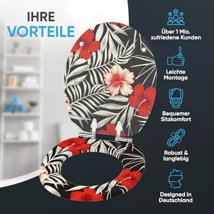 Sanilo WC Sitz Hibisca, Absenkautomatik, stabiler Holz-Toilettendeckel, antibakterielle Oberfläche, passend für alle WCs – Bild 2