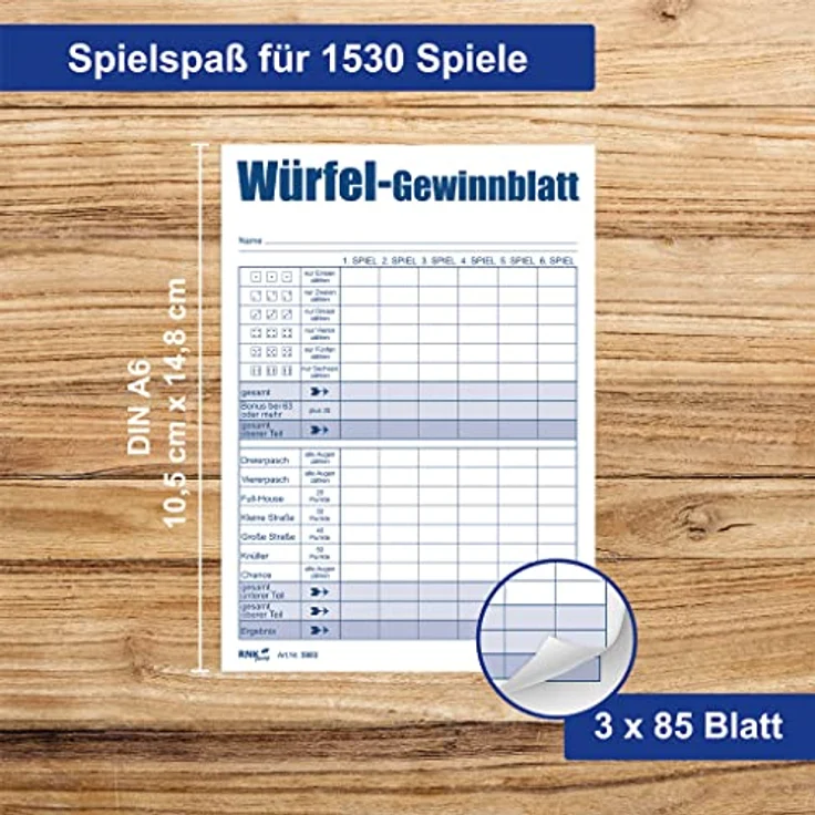 RNK 5803 - Würfelspiel-Block DIN A6, 3 Blöcke je 85 Blatt für 1.530 Spiele – Bild 5