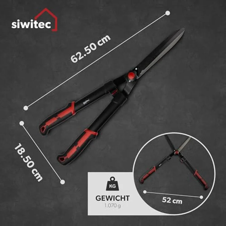 siwitec Heckenschere SG-30 | 62,5 cm Länge | Klingen aus Kohlenstoffstahl | Kunststoffgriff mit Gummierung | Schwarz-Rot – Bild 3