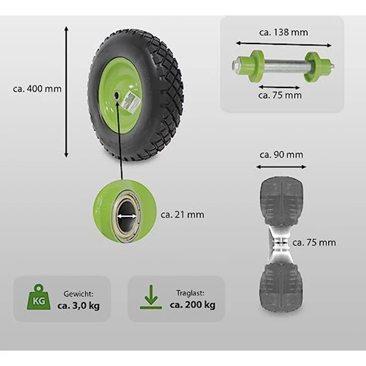 Schubkarrenrad grün/Schwarz Vollgummi 4.80/4.00-8 + Achse Ersatzrad Reifen Schiebkarre PU – Bild 4