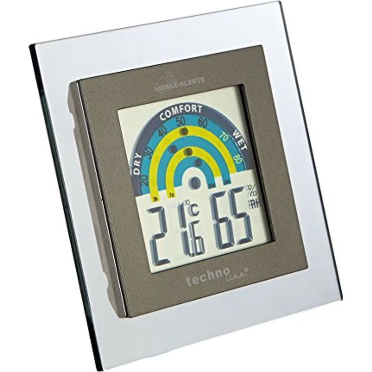 Mobile Alerts MA 10230 Raumklimastation, Zusatzsensor, Datenübertragung auf das Smartphone, Alarmierung via Push-mitteilung, tranparenter Rahmen, silber, 10 x 2 x 10 cm