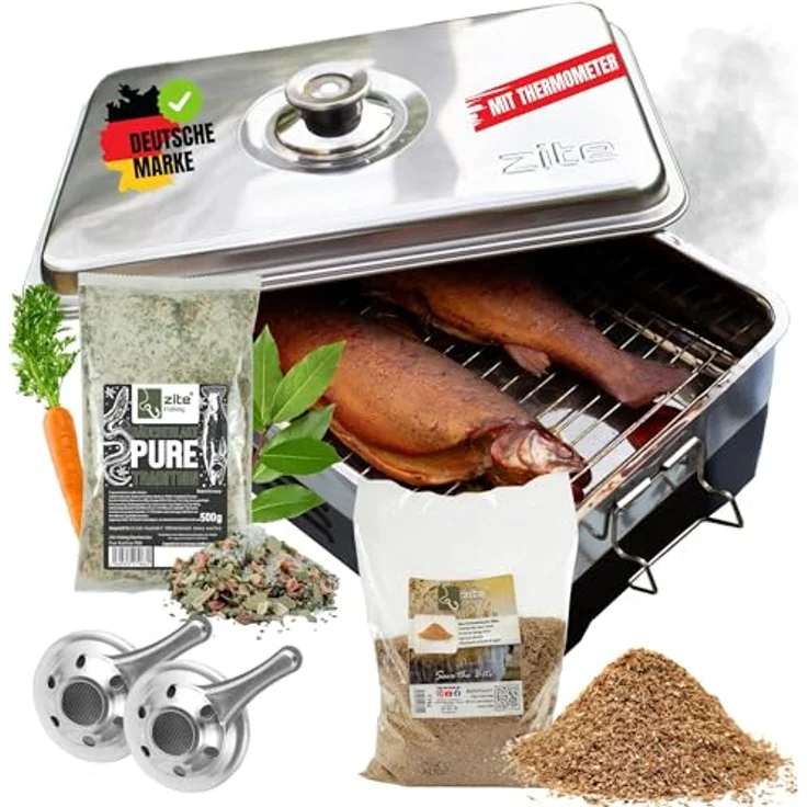 Zite Fishing Räucherofen Edelstahl Set, Tischräucherofen mit Thermometer, inklusive Buchen-Räuchermehl & Räucherlake, kompakt für Fisch, Fleisch & Tofu, 42 x 27 x 21 cm – Bild 1