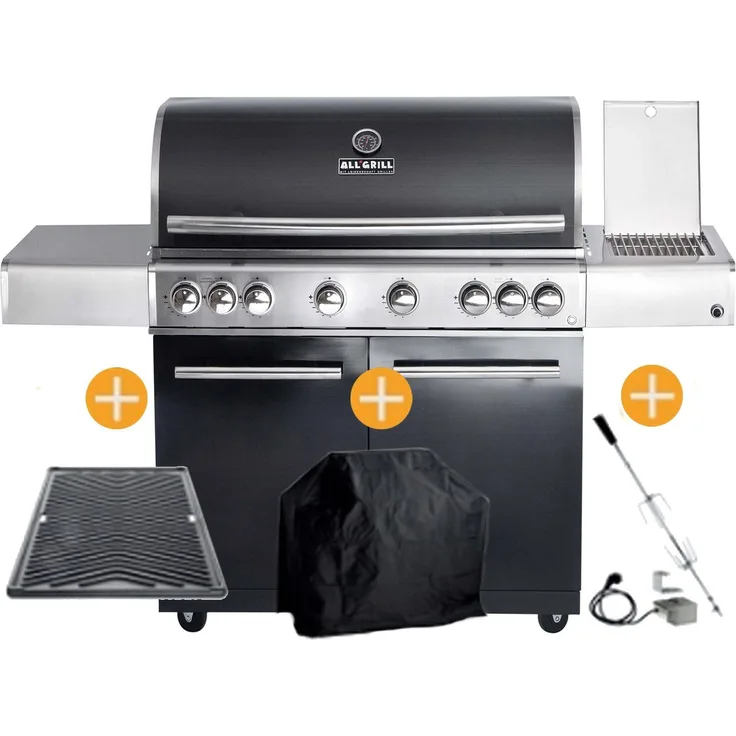 ALL'GRILL Gasgrill CHEF Paket XL1 Schwarz, 6 Brenner, Backburner, Seitenkocher - GRATIS Zubehör