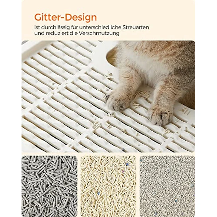 Feandrea Katzenklo, Katzentoilette, mit Deckel, ausziehbares Tablett, Schaufel, Bürste, geräumig für Katzen bis 15 kg, weniger Spuren, auslaufsicherer Boden, beige-schwarz PPT001W01 – Bild 4