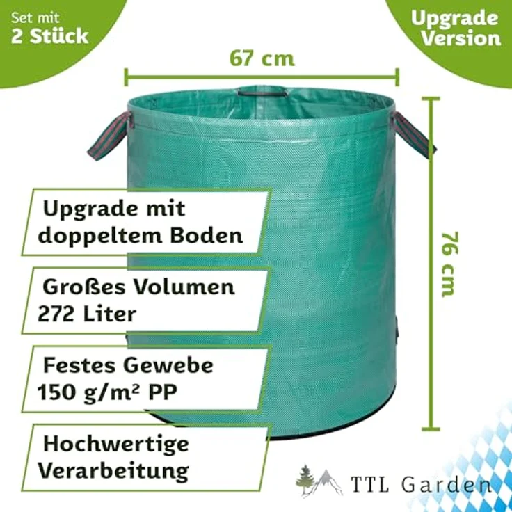 TTL GARDEN 2x 272L Gartensack - DOPPELTER BODEN, extra stabil & selbststehend, 4 Griffe, 150gsm, faltbar - 2er Set Laubsack für Gartenabfälle, robust und langlebig – Bild 2