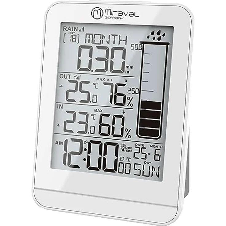Miraval Funk-Wetterstation mit Regenmesser, LCD-Display, Hygrometer, Innen- & Außentemperaturanzeige, automatische Funkuhr, weiß – Bild 2
