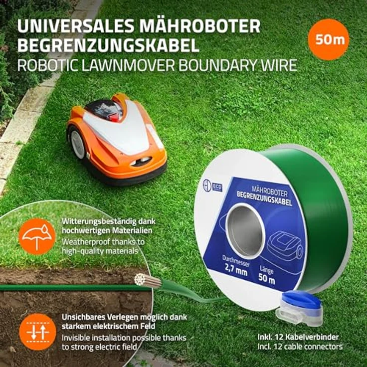 ECD Germany Mähroboter Begrenzungskabel, 50 m lang, witterungsbeständig und robust, Grün – Bild 2