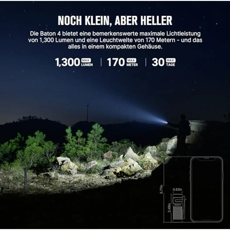 OLIGHT Baton 4 LED Taschenlampe, 1300 lm, wiederaufladbar, langlebiger Metallschalter, bis zu 30 Tage Laufzeit – Bild 2