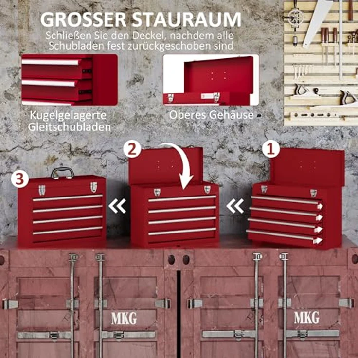 Durhand Werkzeugbox mit 4 Schubladen, oberes Staufach, Handgriff aus Stahl, Rot – Bild 5