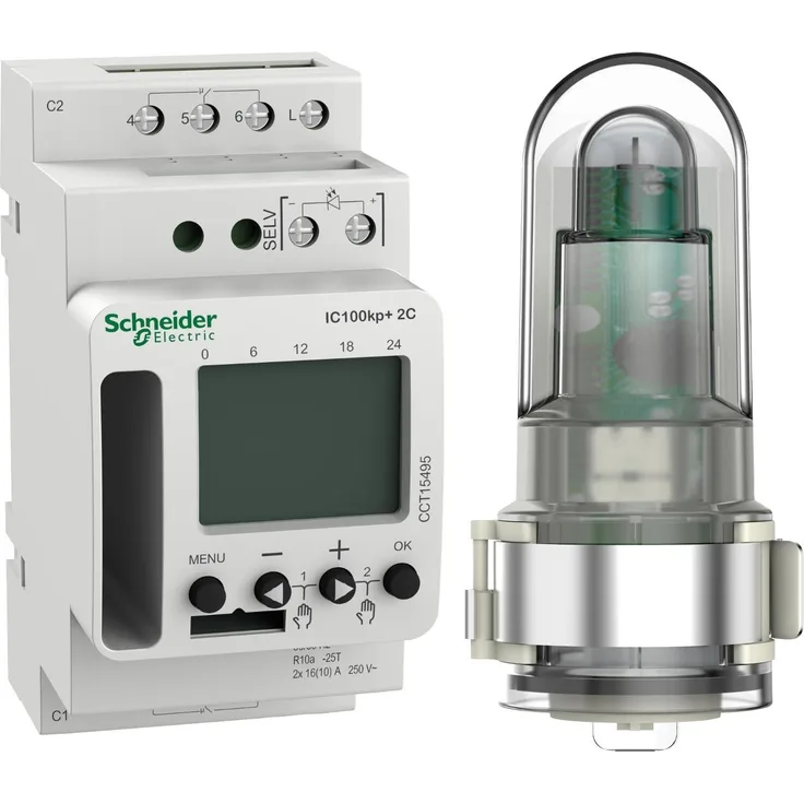 Schneider Electric SE CCT15495 Dämmerungsschalter, programmierbare Zeitschaltuhr mit Bluetooth und LCD-Display, bis 16 A Schaltleistung