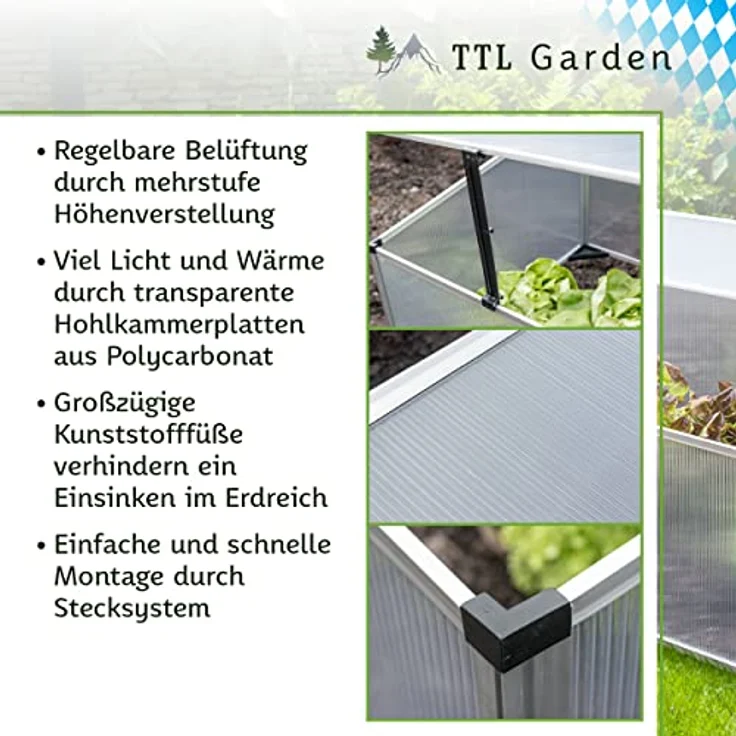 TTL Garden Frühbeet Aufsatz 100x60x40cm, Alu & Polycarbonat, Mini-Gewächshaus mit einstellbarem Deckel für optimale Wachstumsbedingungen, robuster Aluminiumrahmen, witterungsbeständig – Bild 3