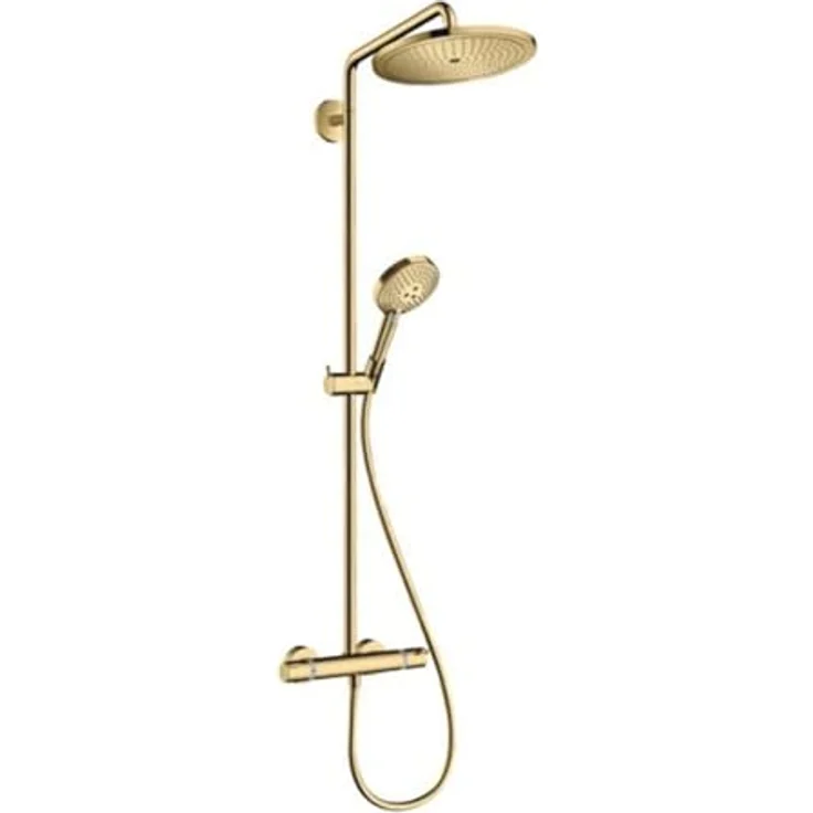 hansgrohe Croma Select S Showerpipe 280, Regendusche mit 3 Strahlarten, Thermostat, Duschstange, Schlauch, Polished Gold Optik – Bild 1