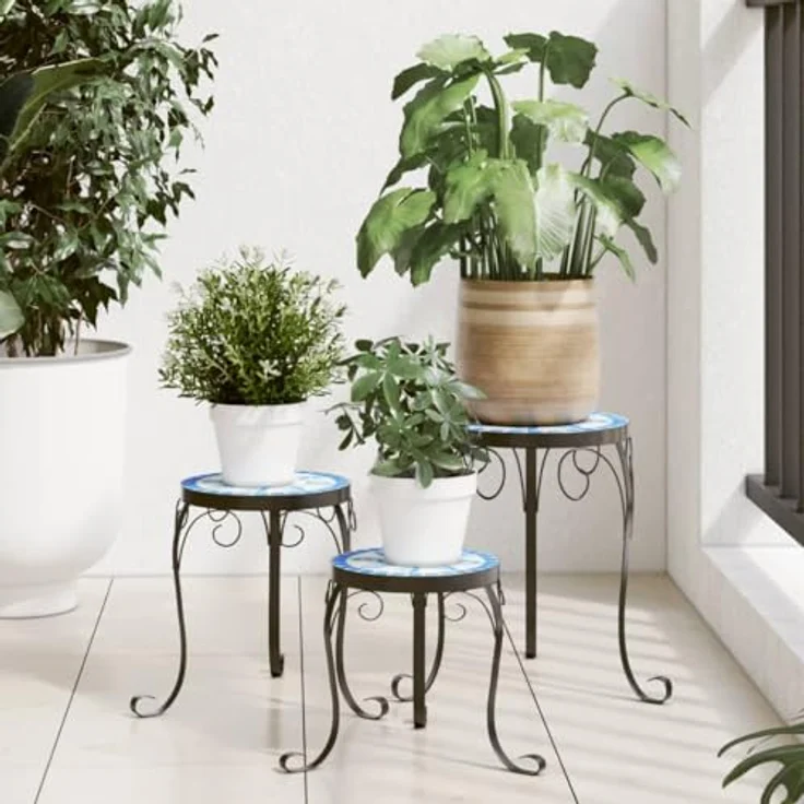 vidaXL Blumenständer, Pflanzenständer 3 Stk. Blau und Weiß Keramik, Mosaik-Design, robustes Eisen gestell, mediterrane Atmosphäre – Bild 3