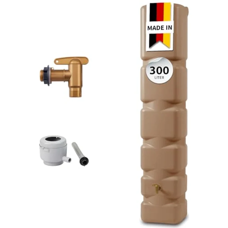 4rain Basic Regentonne Set 300 Liter, taupe, platzsparendes Design, wetterfest und langlebig, inklusive Fallrohrfilter und Auslaufhahn – Bild 1